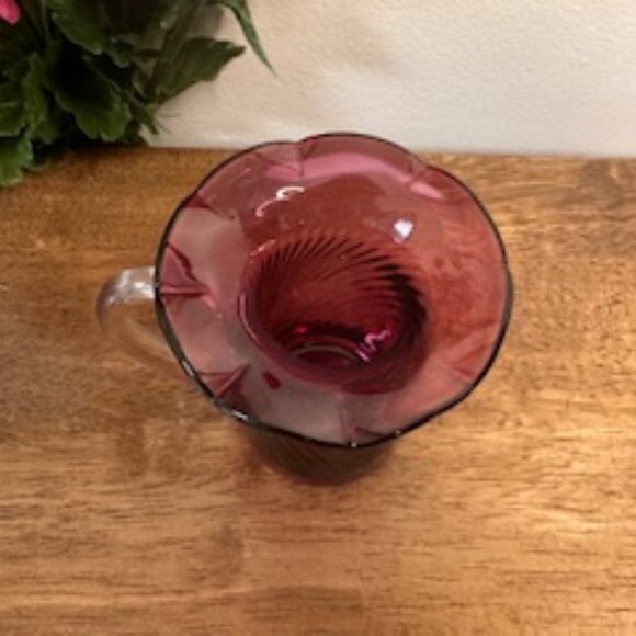Vintage Cranberry Glass Swirl Pitcher – Clear Handle and Ruffled Rim - Picture 3 of 4